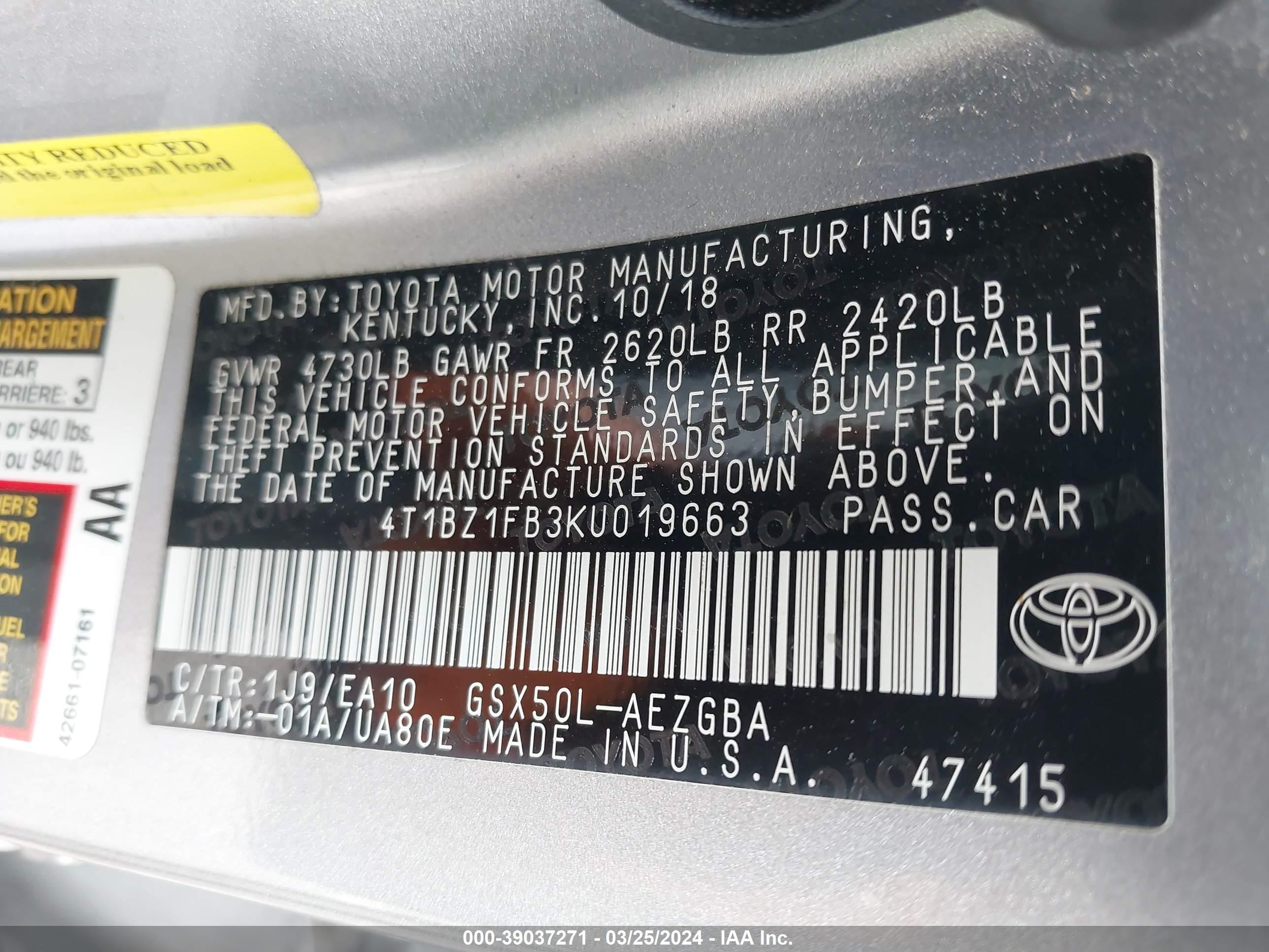 Photo 8 VIN: 4T1BZ1FB3KU019663 - TOYOTA AVALON 