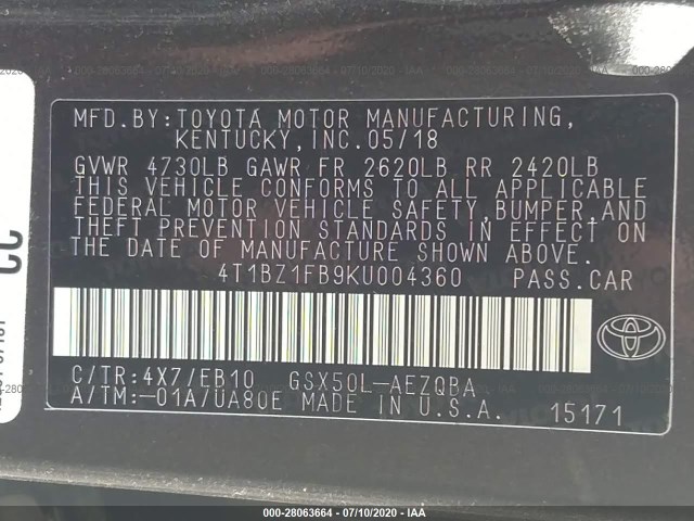 Photo 8 VIN: 4T1BZ1FB9KU004360 - TOYOTA AVALON 