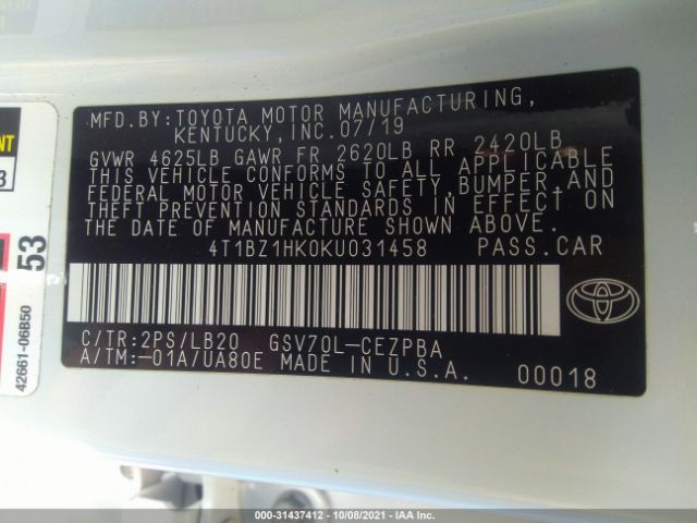 Photo 8 VIN: 4T1BZ1HK0KU031458 - TOYOTA CAMRY 