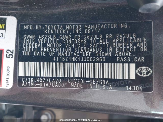 Photo 8 VIN: 4T1BZ1HK1JU003960 - TOYOTA CAMRY 