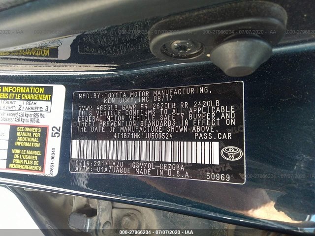 Photo 8 VIN: 4T1BZ1HK1JU500524 - TOYOTA CAMRY 