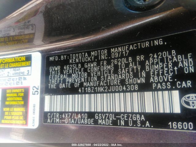 Photo 8 VIN: 4T1BZ1HK2JU004308 - TOYOTA CAMRY 