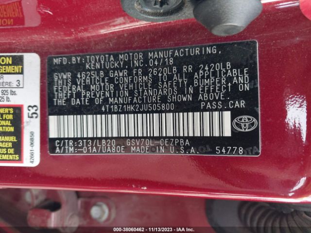 Photo 8 VIN: 4T1BZ1HK2JU505800 - TOYOTA CAMRY 