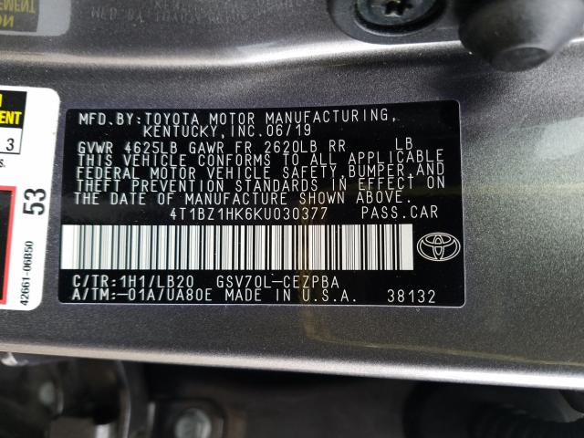 Photo 9 VIN: 4T1BZ1HK6KU030377 - TOYOTA CAMRY XSE 