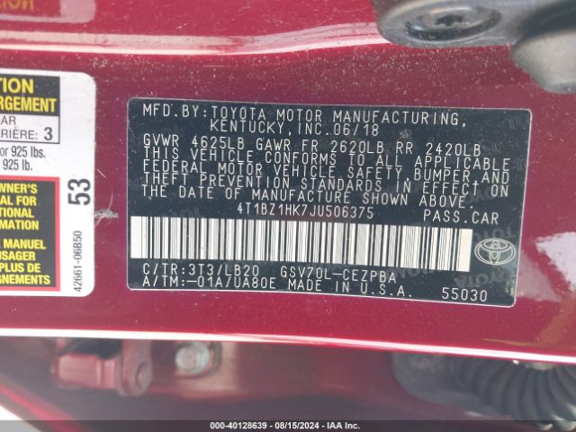 Photo 8 VIN: 4T1BZ1HK7JU506375 - TOYOTA CAMRY 