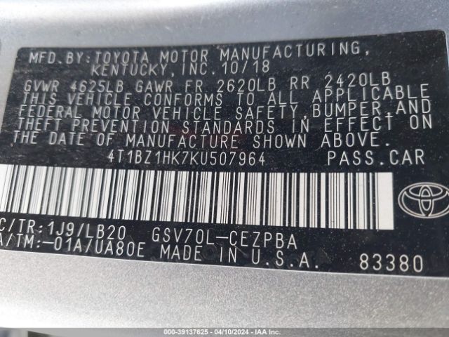 Photo 8 VIN: 4T1BZ1HK7KU507964 - TOYOTA CAMRY 