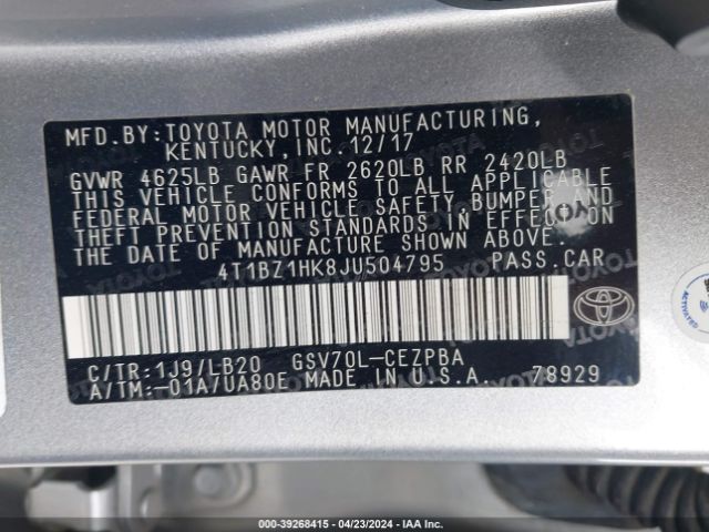 Photo 8 VIN: 4T1BZ1HK8JU504795 - TOYOTA CAMRY 