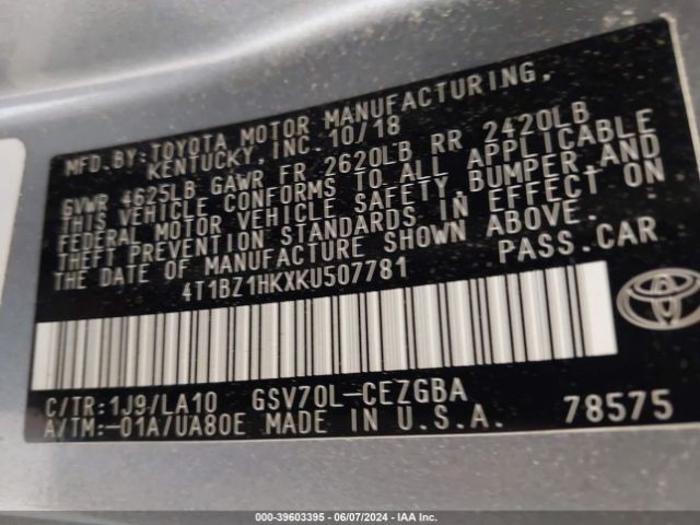 Photo 8 VIN: 4T1BZ1HKXKU507781 - TOYOTA CAMRY 