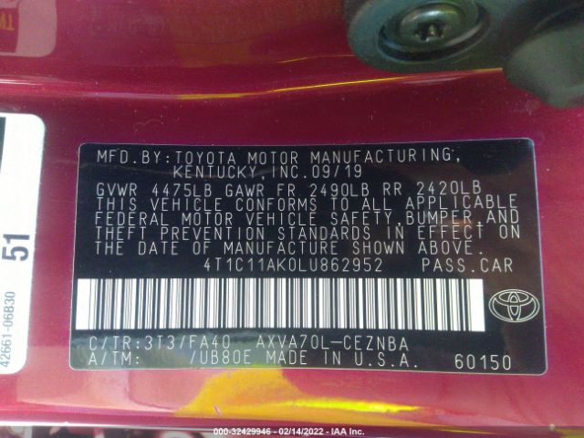 Photo 8 VIN: 4T1C11AK0LU862952 - TOYOTA CAMRY 