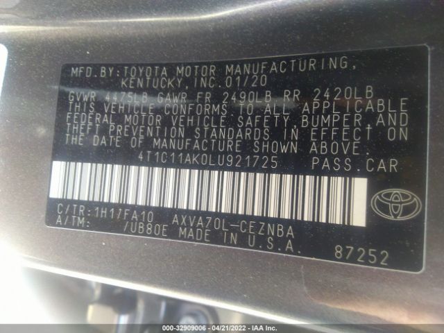 Photo 8 VIN: 4T1C11AK0LU921725 - TOYOTA CAMRY 