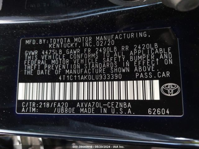 Photo 8 VIN: 4T1C11AK0LU933390 - TOYOTA CAMRY 