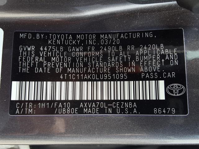 Photo 9 VIN: 4T1C11AK0LU951095 - TOYOTA CAMRY LE 