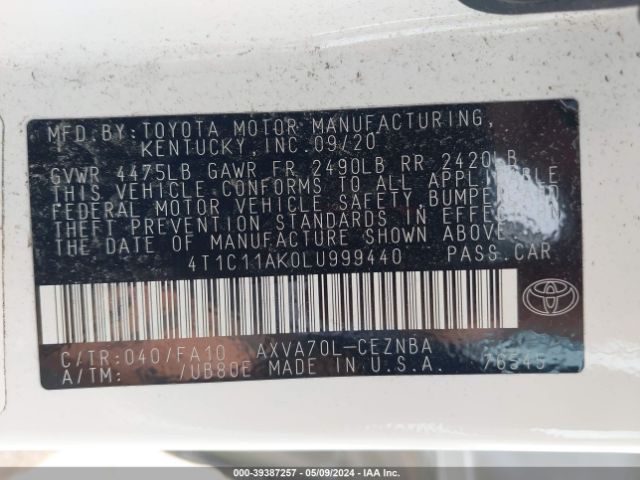 Photo 8 VIN: 4T1C11AK0LU999440 - TOYOTA CAMRY 