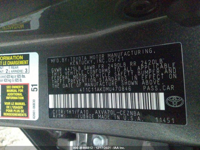 Photo 8 VIN: 4T1C11AK0MU470846 - TOYOTA CAMRY 