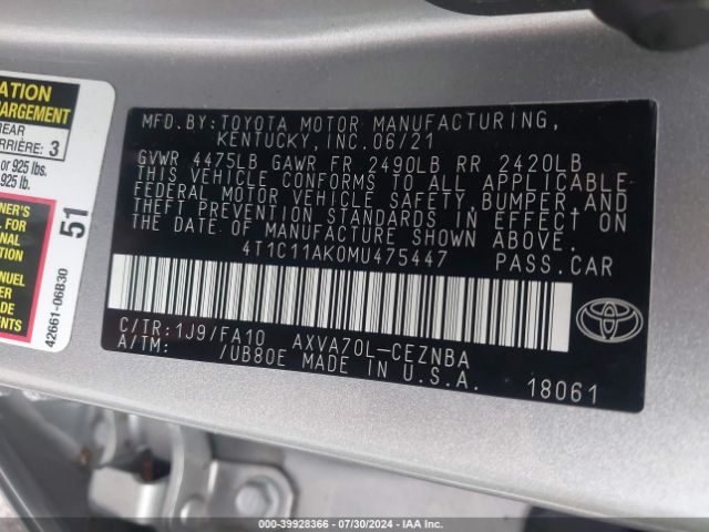 Photo 8 VIN: 4T1C11AK0MU475447 - TOYOTA CAMRY 