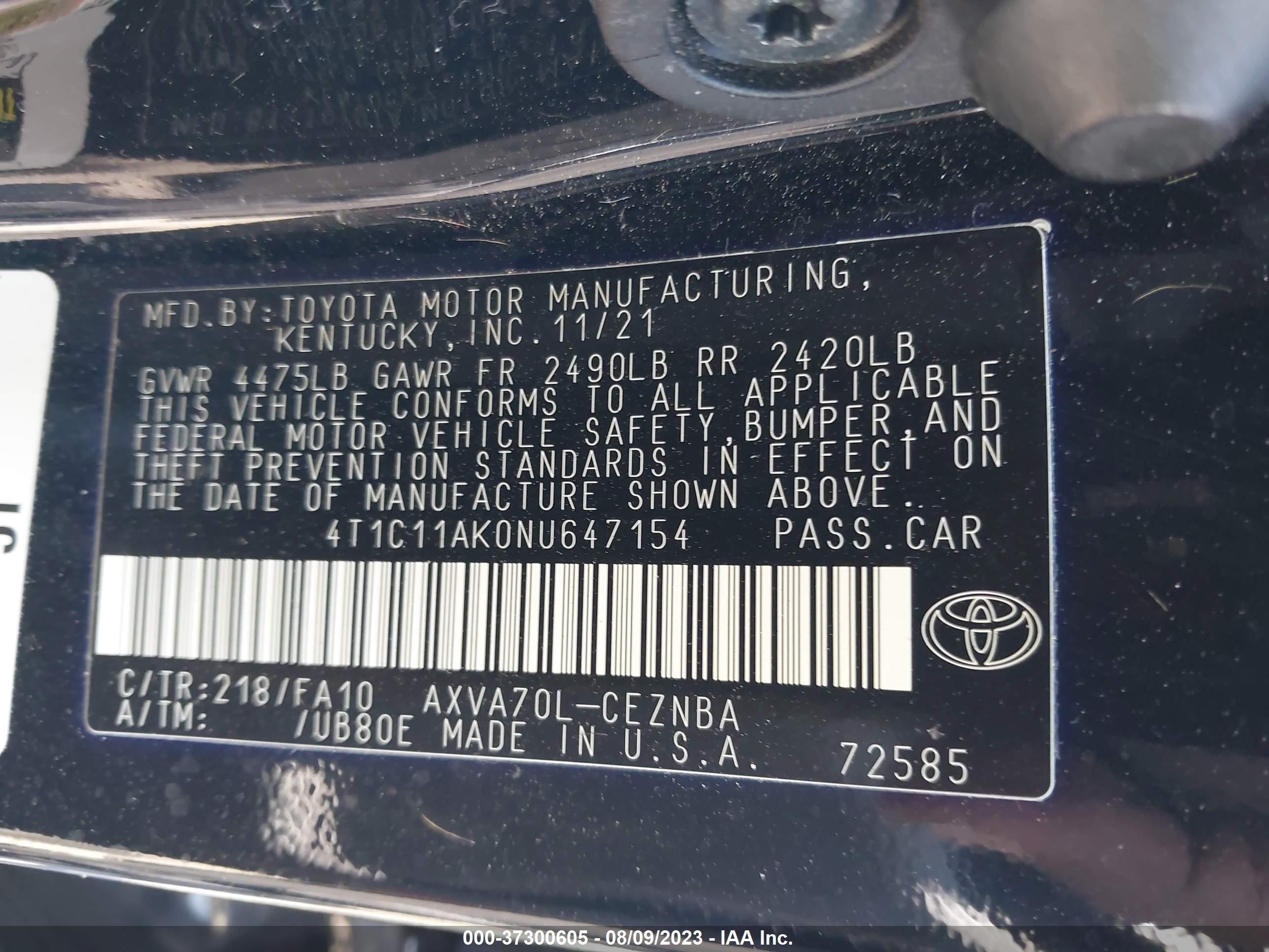 Photo 8 VIN: 4T1C11AK0NU647154 - TOYOTA CAMRY 