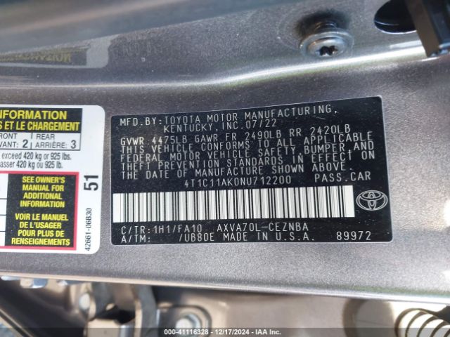 Photo 8 VIN: 4T1C11AK0NU712200 - TOYOTA CAMRY 