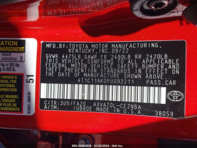 Photo 8 VIN: 4T1C11AK0PU092211 - TOYOTA CAMRY 