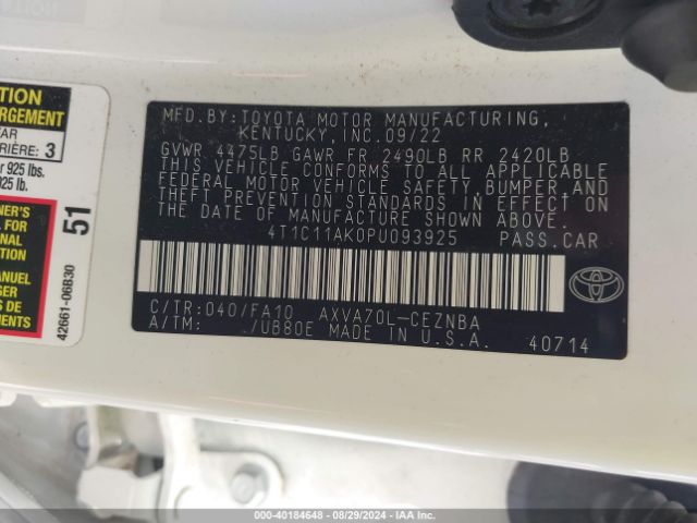 Photo 8 VIN: 4T1C11AK0PU093925 - TOYOTA CAMRY 