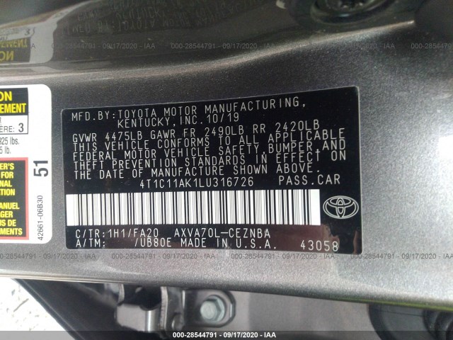 Photo 8 VIN: 4T1C11AK1LU316726 - TOYOTA CAMRY 