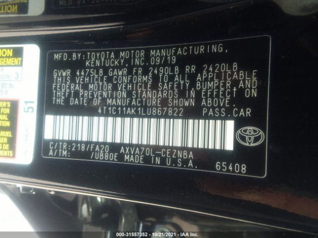 Photo 8 VIN: 4T1C11AK1LU867822 - TOYOTA CAMRY 