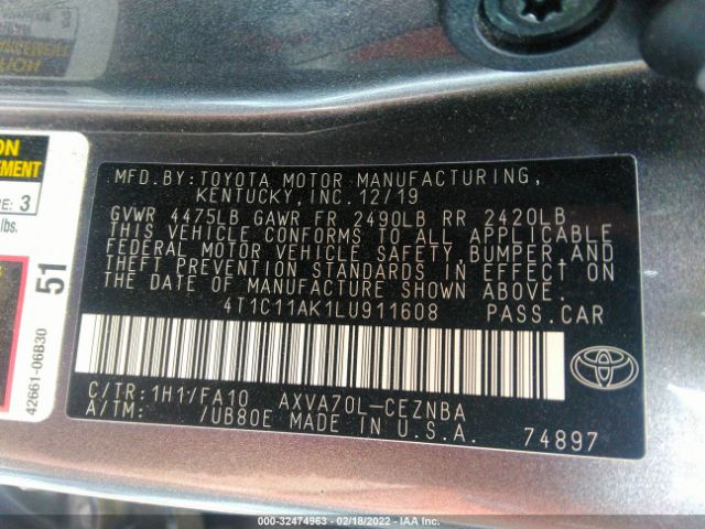 Photo 8 VIN: 4T1C11AK1LU911608 - TOYOTA CAMRY 