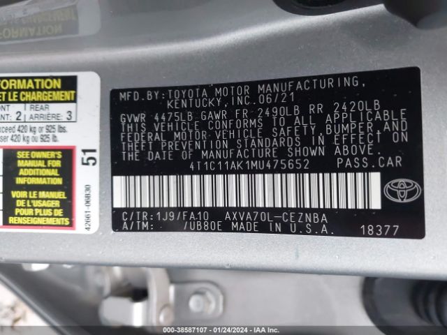 Photo 8 VIN: 4T1C11AK1MU475652 - TOYOTA CAMRY 