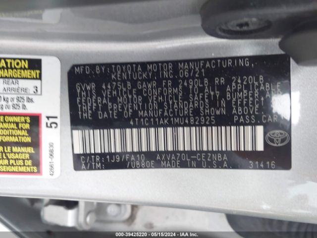 Photo 8 VIN: 4T1C11AK1MU482925 - TOYOTA CAMRY 