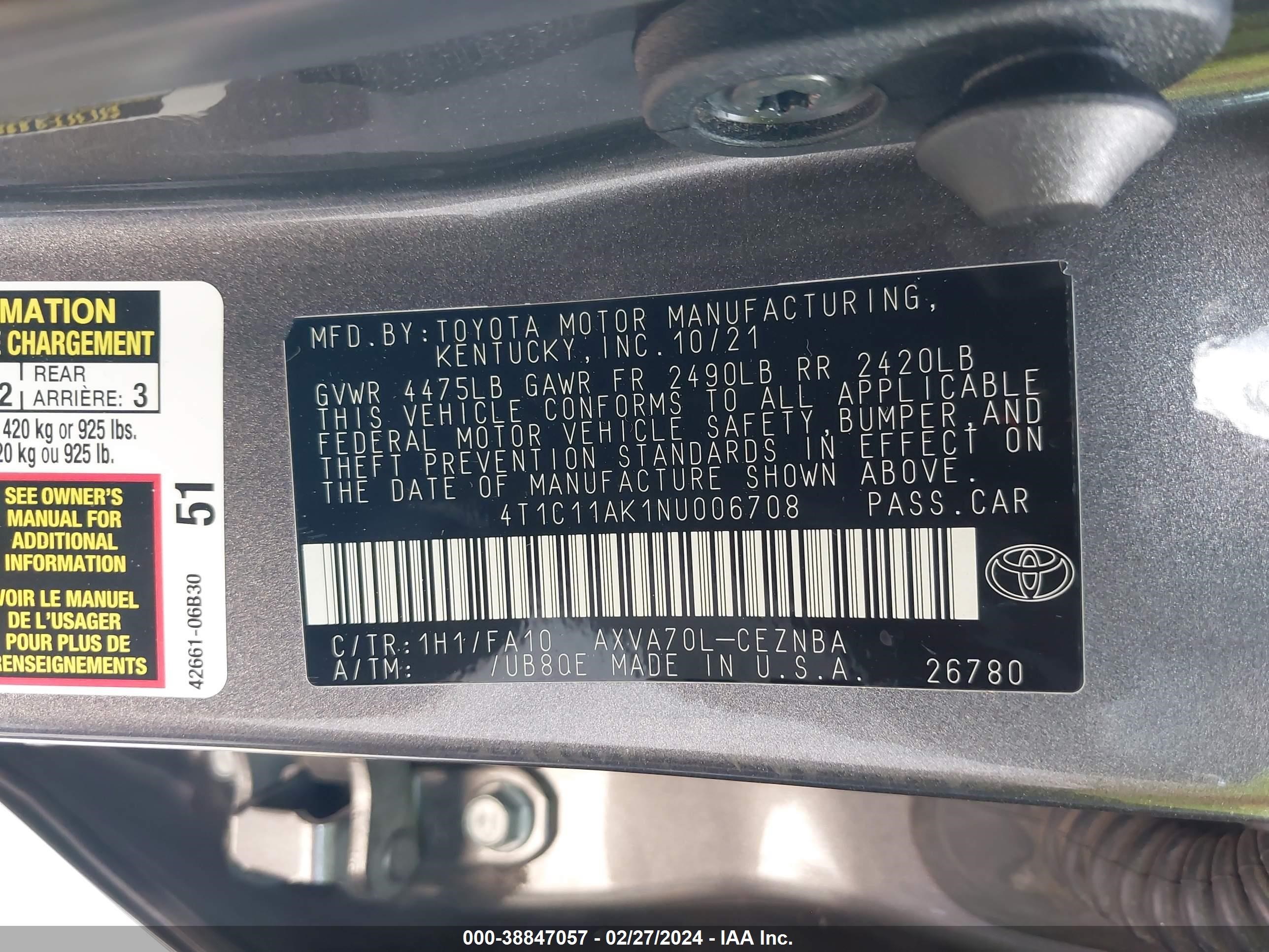 Photo 8 VIN: 4T1C11AK1NU006708 - TOYOTA CAMRY 