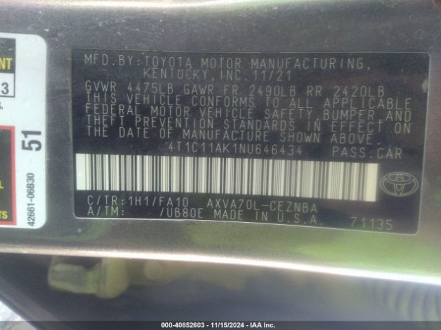 Photo 8 VIN: 4T1C11AK1NU646434 - TOYOTA CAMRY 