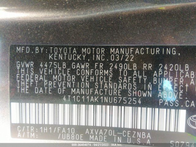 Photo 8 VIN: 4T1C11AK1NU675254 - TOYOTA CAMRY 