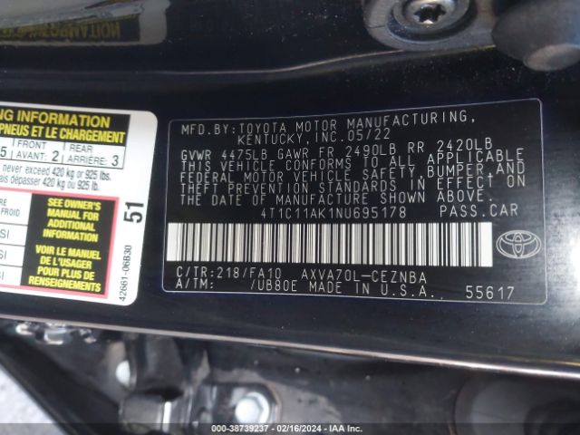 Photo 8 VIN: 4T1C11AK1NU695178 - TOYOTA CAMRY 