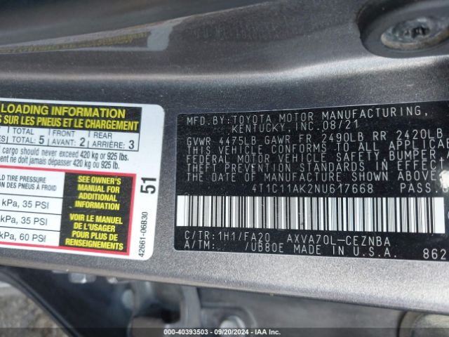 Photo 8 VIN: 4T1C11AK2NU617668 - TOYOTA CAMRY 