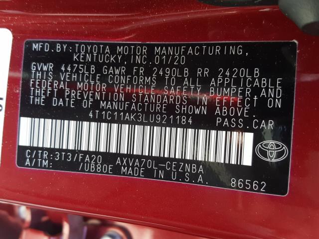 Photo 9 VIN: 4T1C11AK3LU921184 - TOYOTA CAMRY LE 