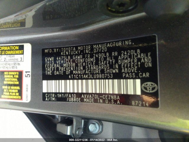 Photo 8 VIN: 4T1C11AK3LU980753 - TOYOTA CAMRY 