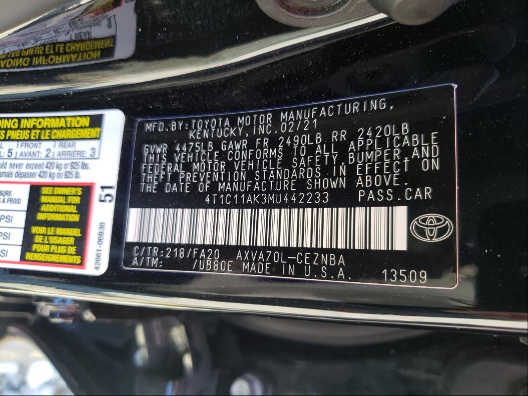 Photo 9 VIN: 4T1C11AK3MU442233 - TOYOTA CAMRY LE 