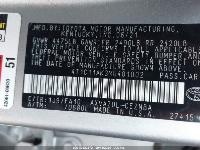 Photo 8 VIN: 4T1C11AK3MU481002 - TOYOTA CAMRY 