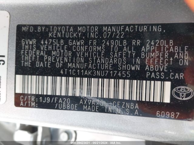 Photo 8 VIN: 4T1C11AK3NU717455 - TOYOTA CAMRY 