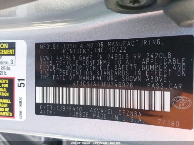 Photo 8 VIN: 4T1C11AK3PU746926 - TOYOTA CAMRY 