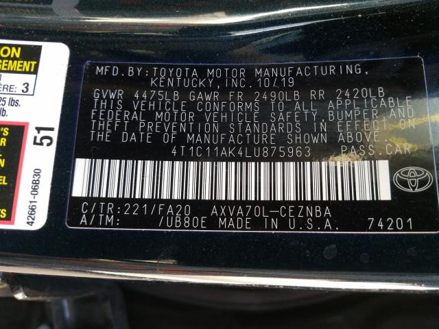 Photo 9 VIN: 4T1C11AK4LU875963 - TOYOTA CAMRY LE 