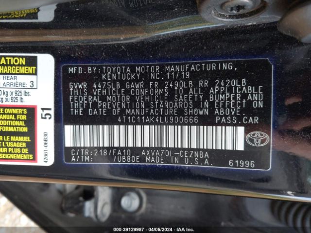 Photo 8 VIN: 4T1C11AK4LU900666 - TOYOTA CAMRY 