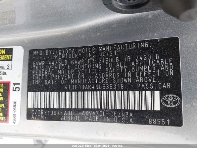 Photo 8 VIN: 4T1C11AK4NU636318 - TOYOTA CAMRY 