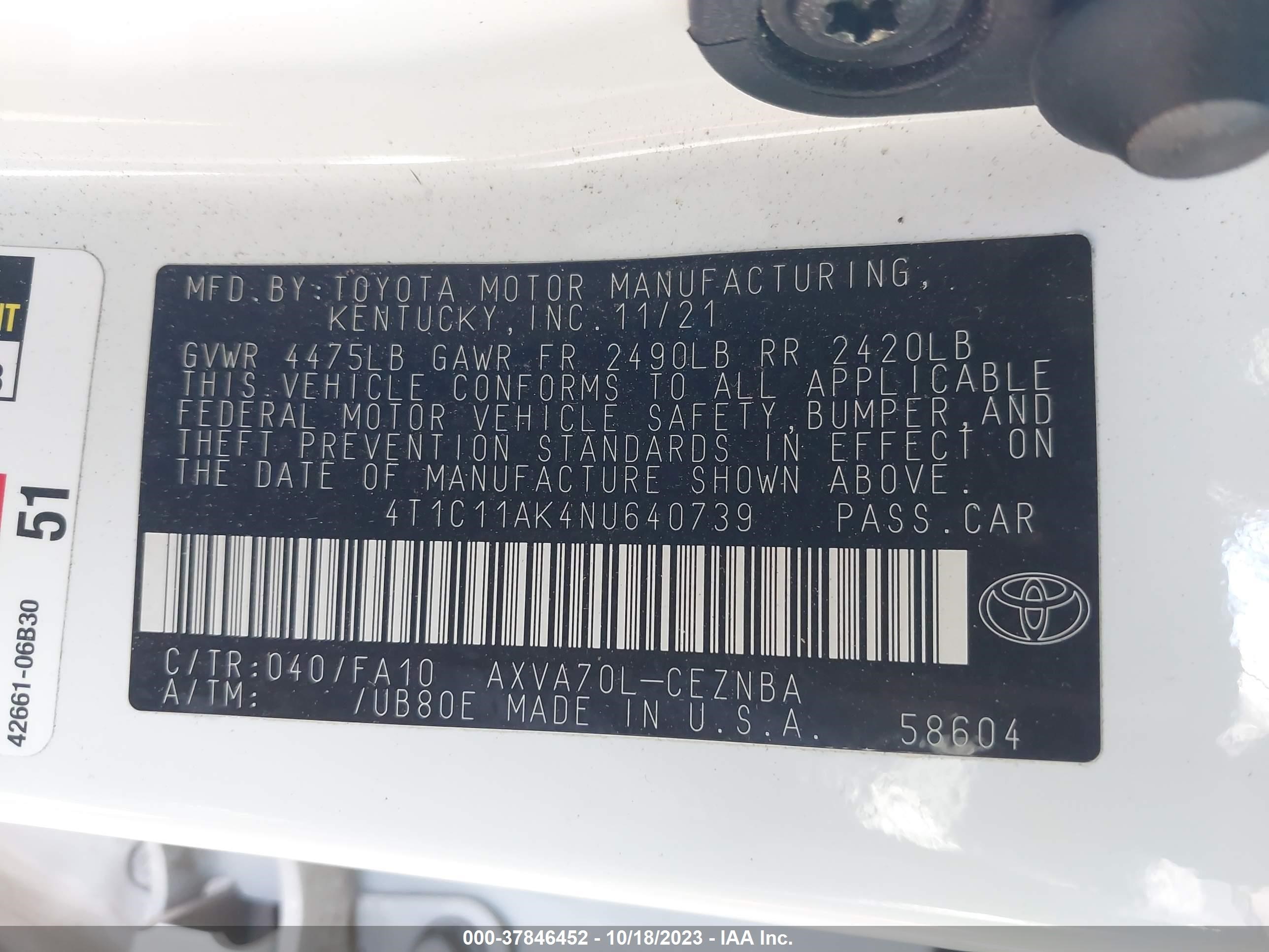 Photo 8 VIN: 4T1C11AK4NU640739 - TOYOTA CAMRY 