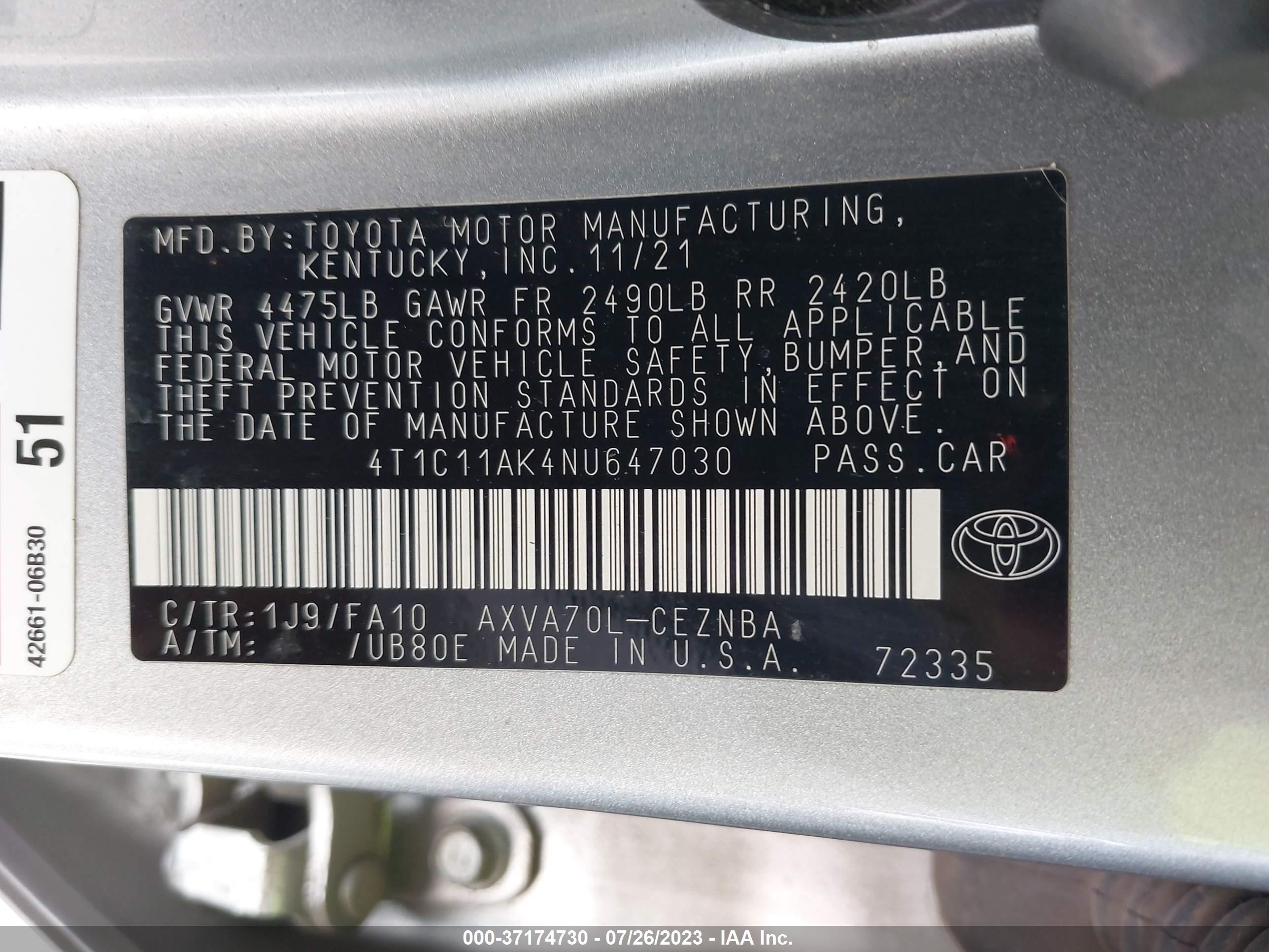 Photo 8 VIN: 4T1C11AK4NU647030 - TOYOTA CAMRY 