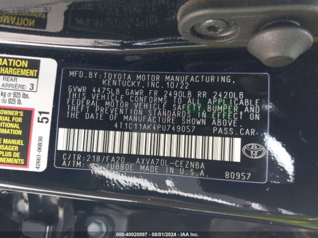 Photo 8 VIN: 4T1C11AK4PU749057 - TOYOTA CAMRY 