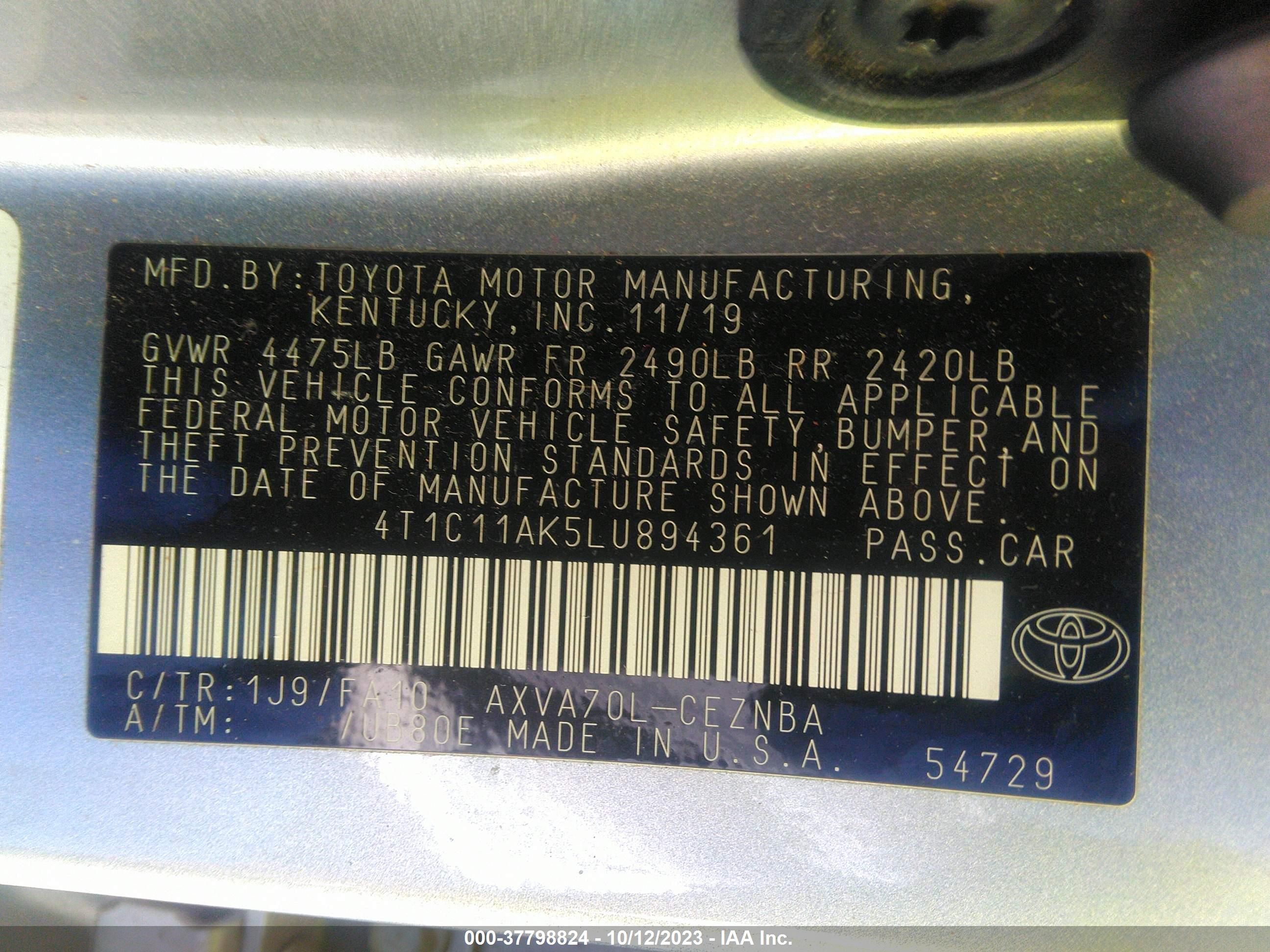 Photo 8 VIN: 4T1C11AK5LU894361 - TOYOTA CAMRY 