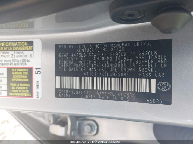 Photo 8 VIN: 4T1C11AK5LU935894 - TOYOTA CAMRY 