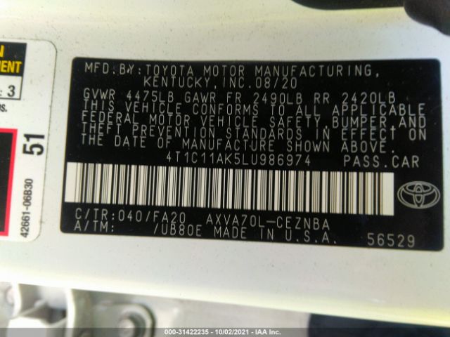 Photo 8 VIN: 4T1C11AK5LU986974 - TOYOTA CAMRY 