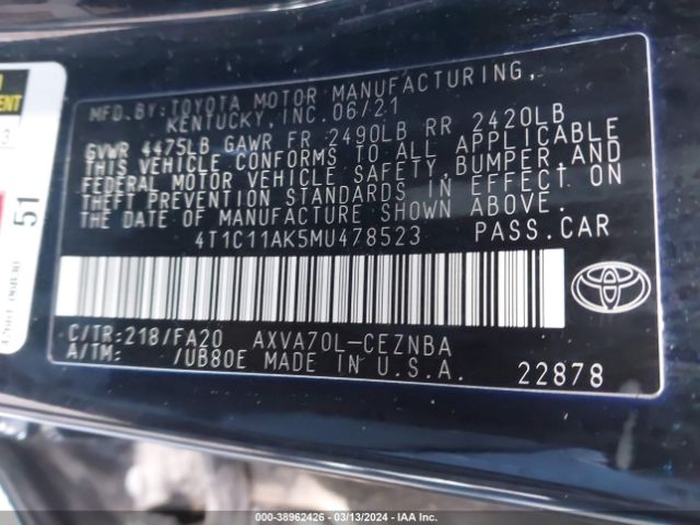 Photo 8 VIN: 4T1C11AK5MU478523 - TOYOTA CAMRY 