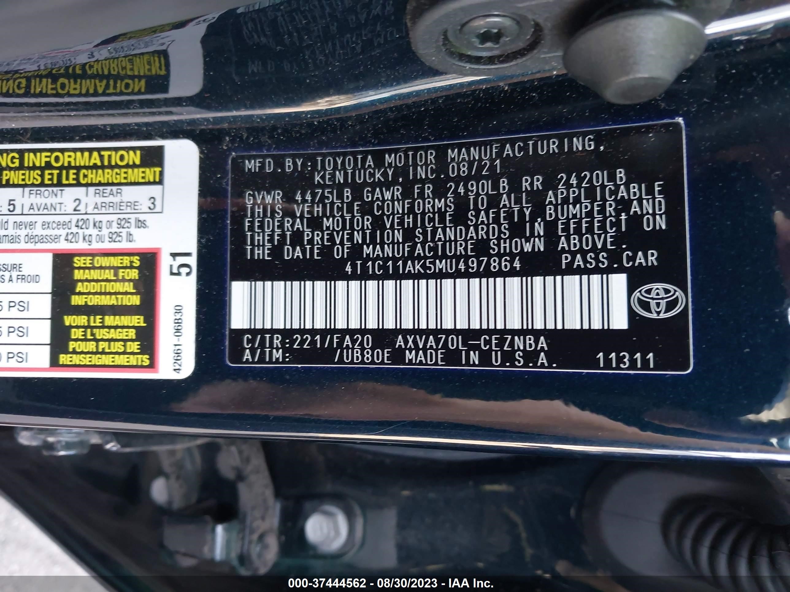 Photo 8 VIN: 4T1C11AK5MU497864 - TOYOTA CAMRY 